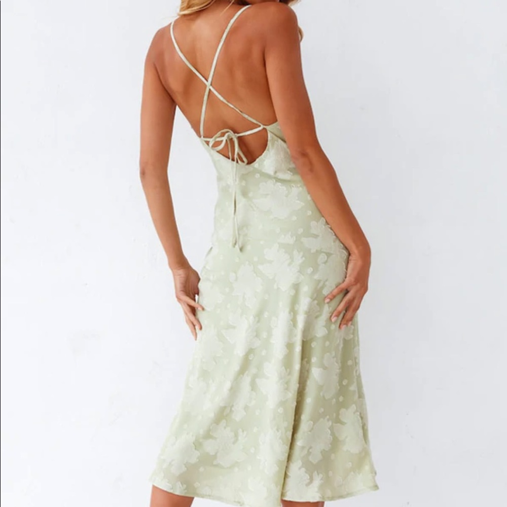 FLORAL COWL NECK HIGH SLIT SLIP MIDI DRESS - SAGE GREEN size S